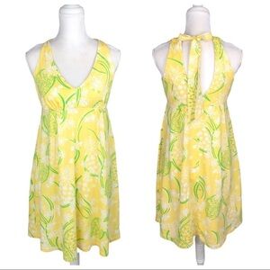 Lilly Pulitzer yellow green white knit tank dress Noella small halter open back